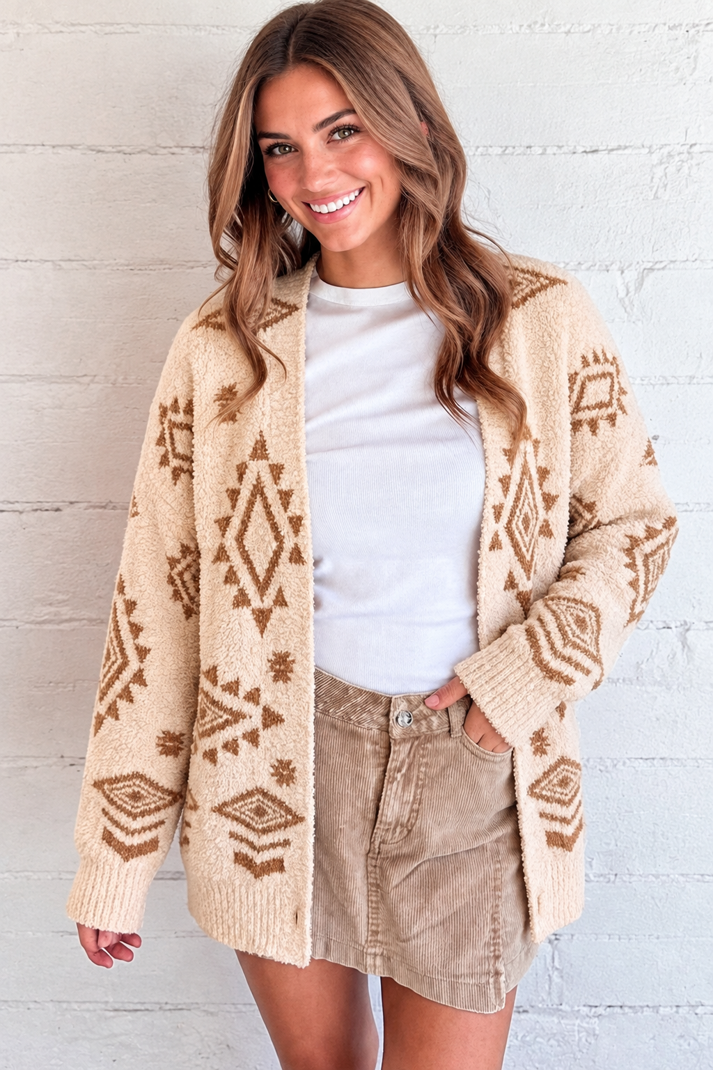 Oatmeal Fuzzy Aztec Print Open Knit Sweater Tunic Cardigan