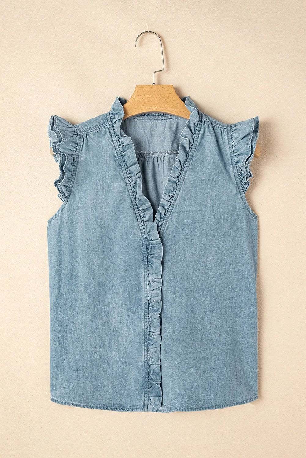 Frilly ruffle trim V-neck chambray tank top for chic mom energy in a relaxed fit