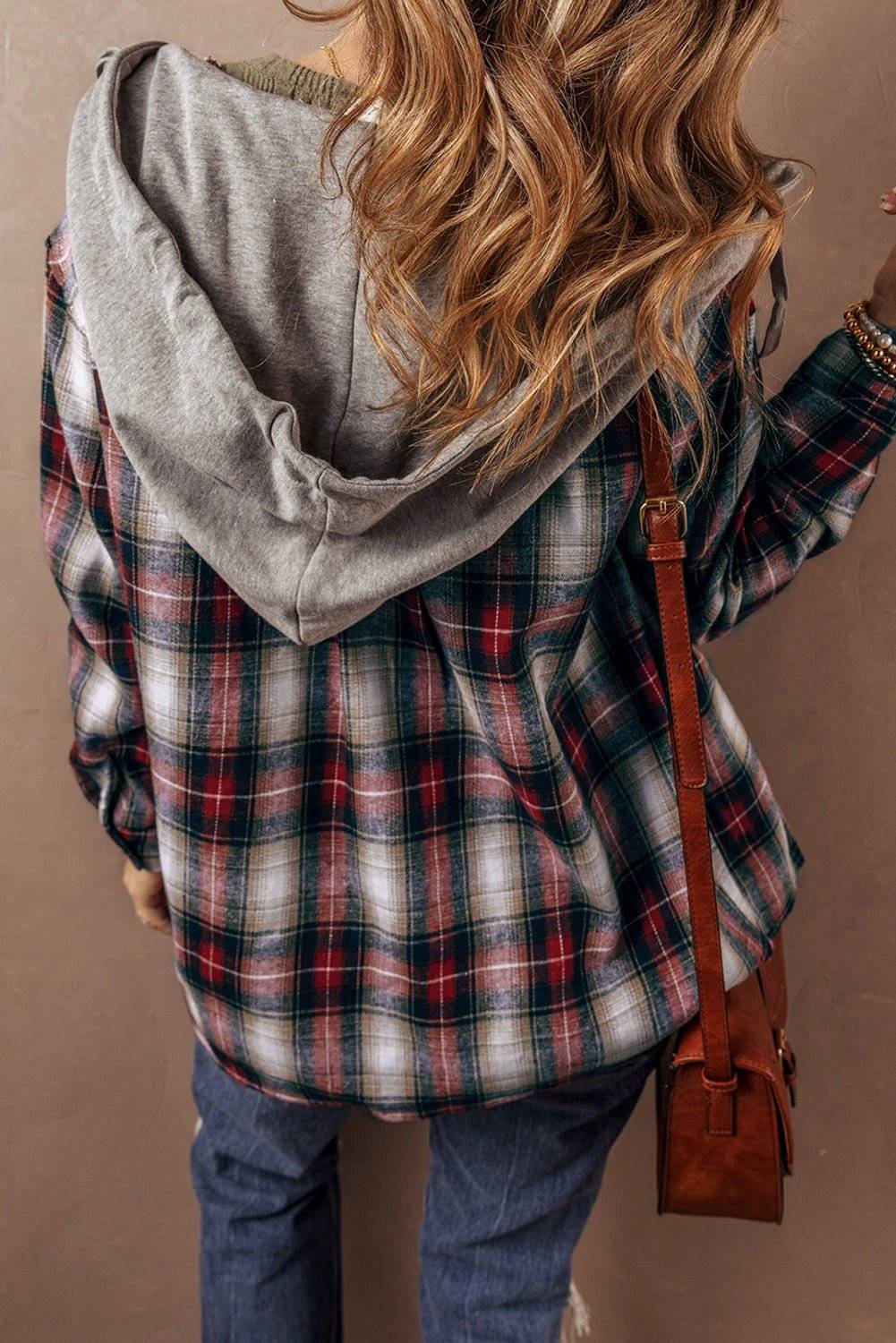 red plaid print chest pocket buttoned hooded shacket for women casual everyday outfit