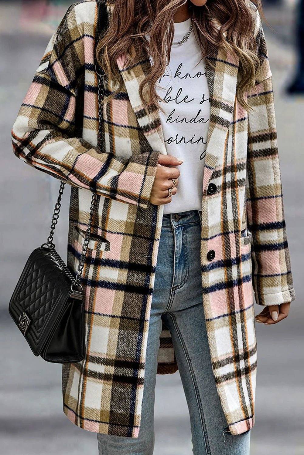 Plaid button-up lapel jacket for cozy mom confidence with relaxed fit and classic plaid print