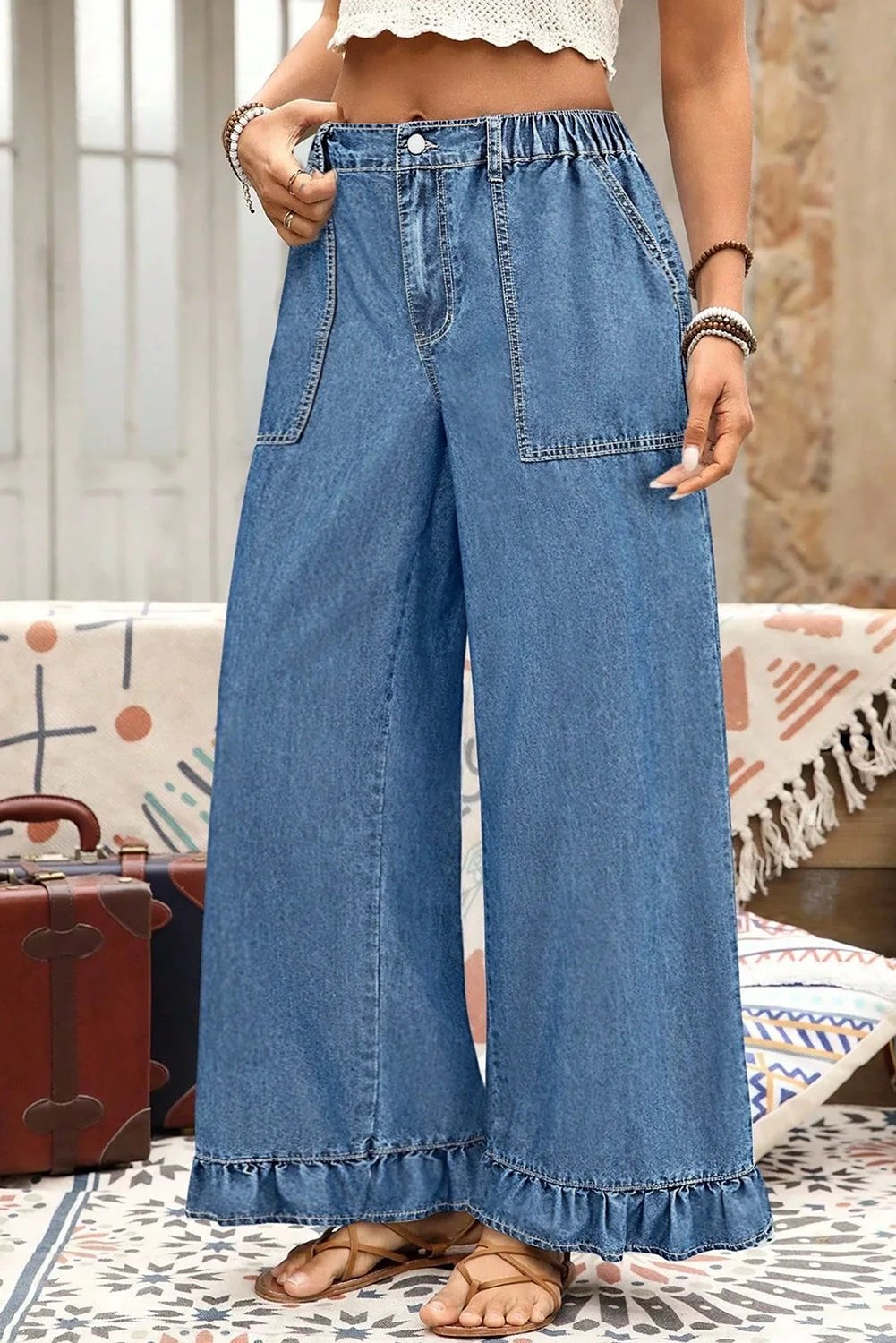 Denim blue plus size elastic waist ruffled wide leg denim pants for women casual everyday outfit