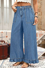Plus Size Wide Leg Denim Pants with elastic waist and ruffled detail