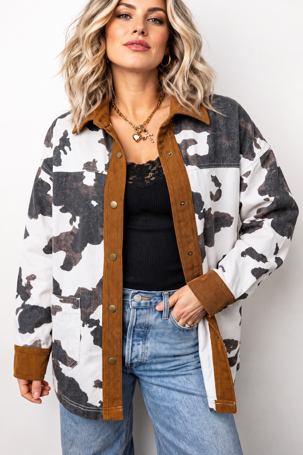 Multicolour Western Cow Print Long Sleeve Button-Up Denim Jacket