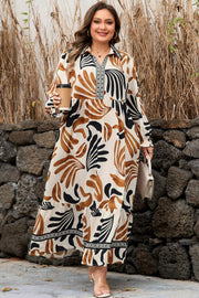 Plus size abstract print long shift dress with contrast collar in boho chic style