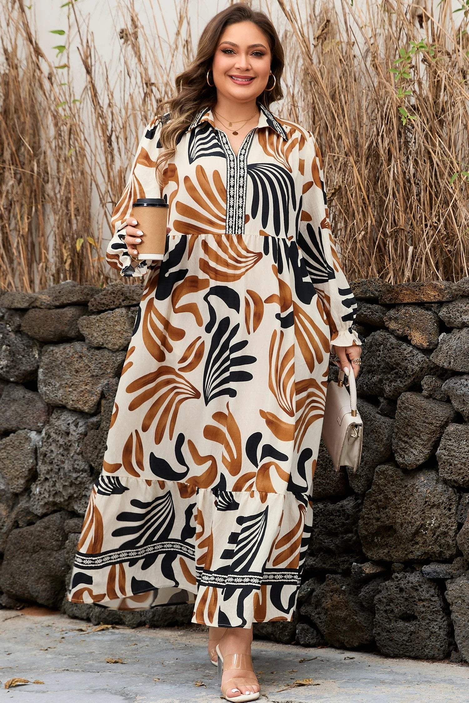 Plus size abstract print long shift dress with contrast collar in boho chic style
