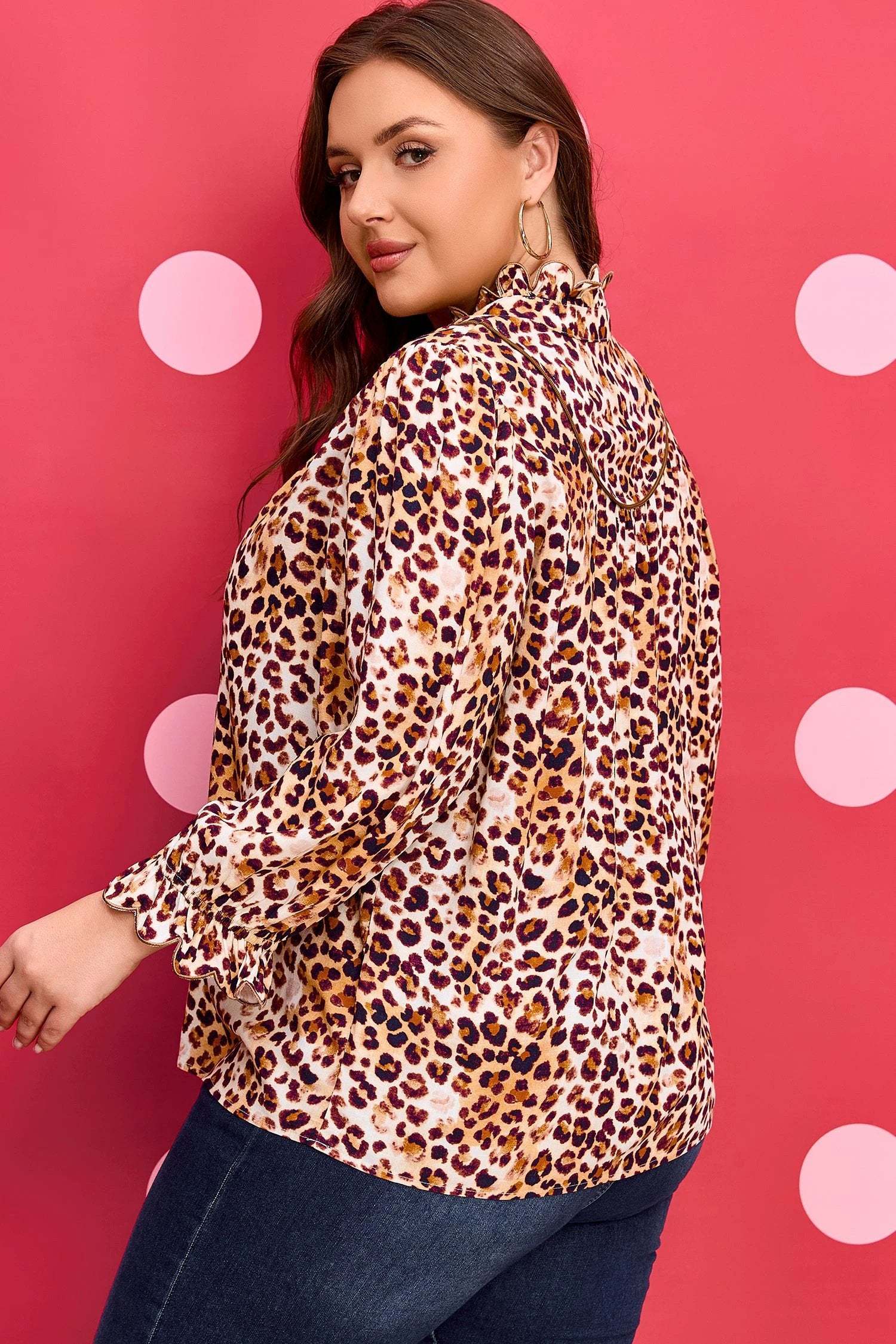 Dear-Lover Dropshipping Brown Plus Size Leopard Frilled Stand Neck Blouse - Plus Size/Plus Size Tops/Plus Size Blouses & Shirts