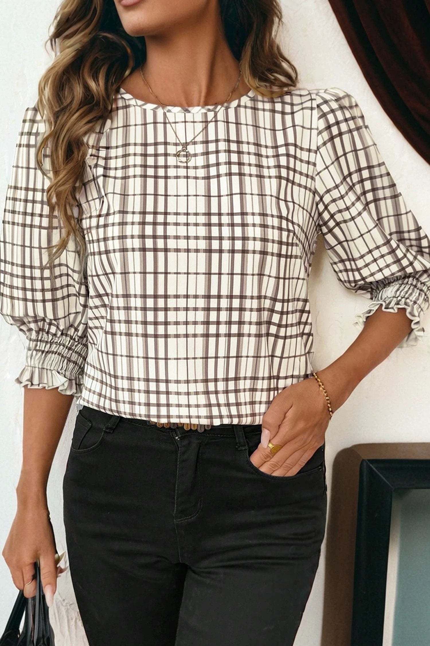White plaid frilled puff sleeve blouse for effortless mom chic style
