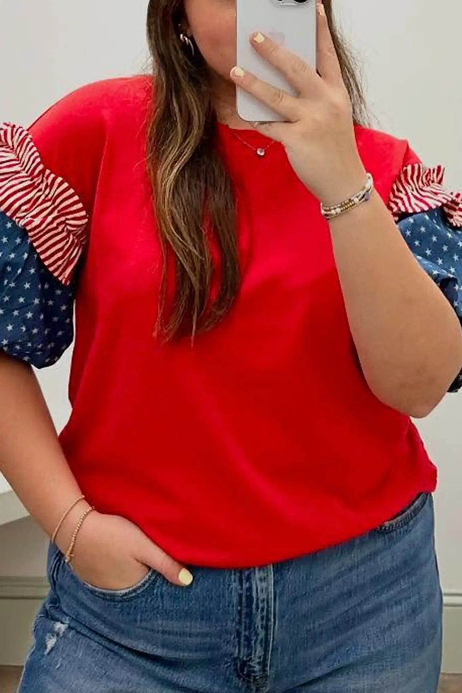 Fiery red plus size top with patchwork star and striped ruffles bubble sleeves