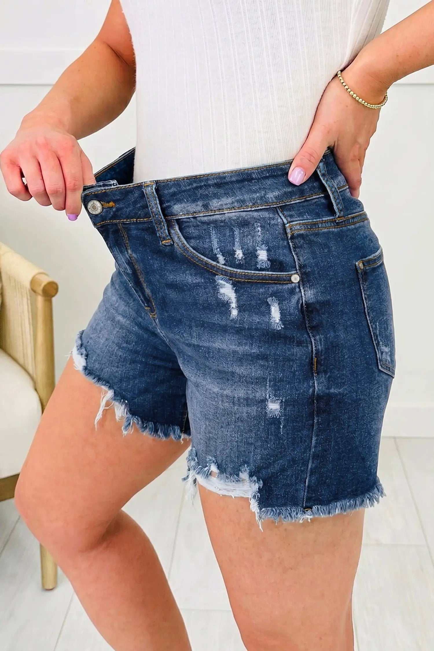 Dear-Lover Dropshipping Sail Blue Asymmetric Raw Hem Distressed Whiskery Denim Shorts - Bottoms/Denim Shorts