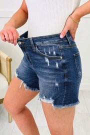 Dear-Lover Dropshipping Sail Blue Asymmetric Raw Hem Distressed Whiskery Denim Shorts - Bottoms/Denim Shorts