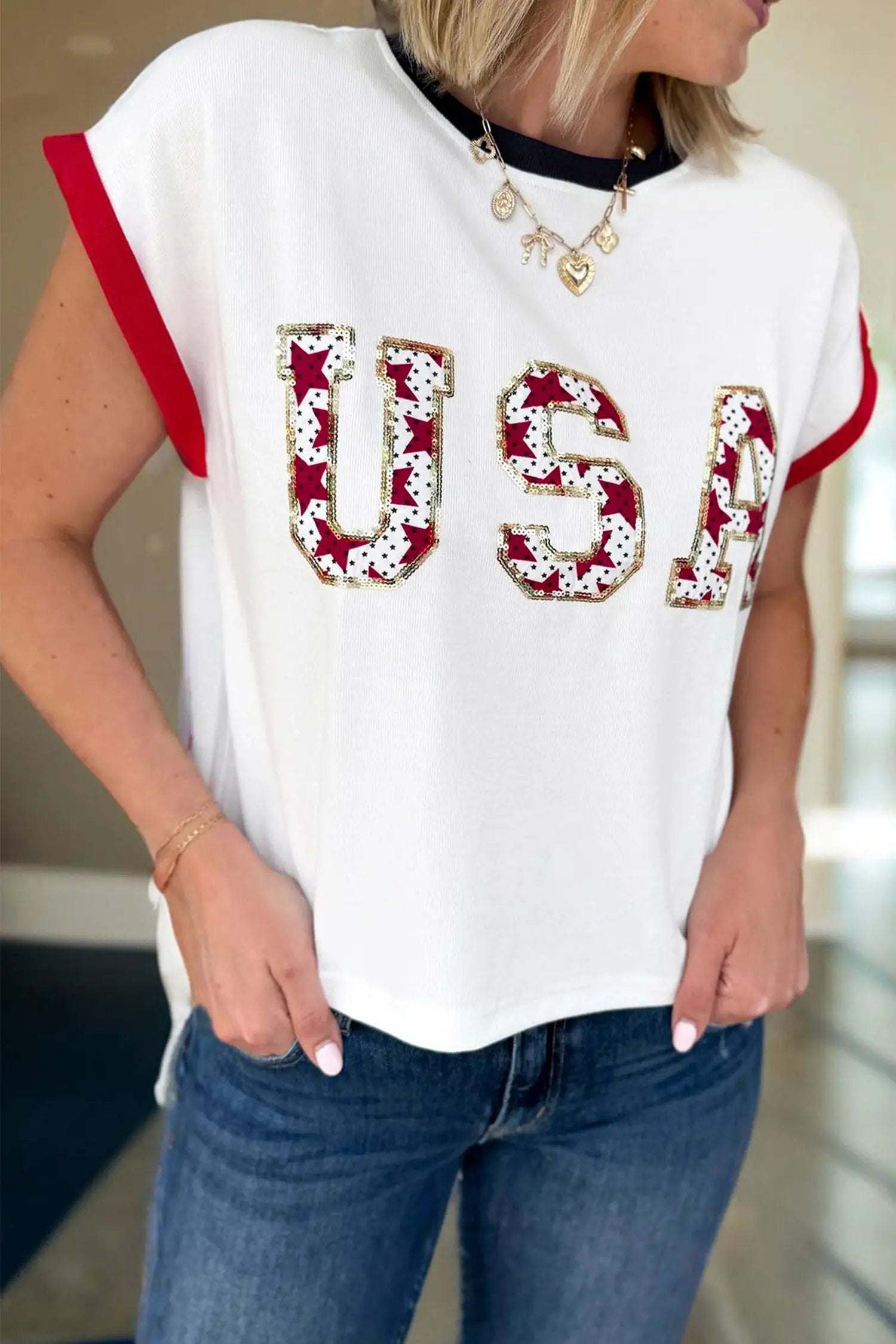 Star-Spangled Shine loose T-shirt with USA sequin graphic and color-block trim in relaxed fit