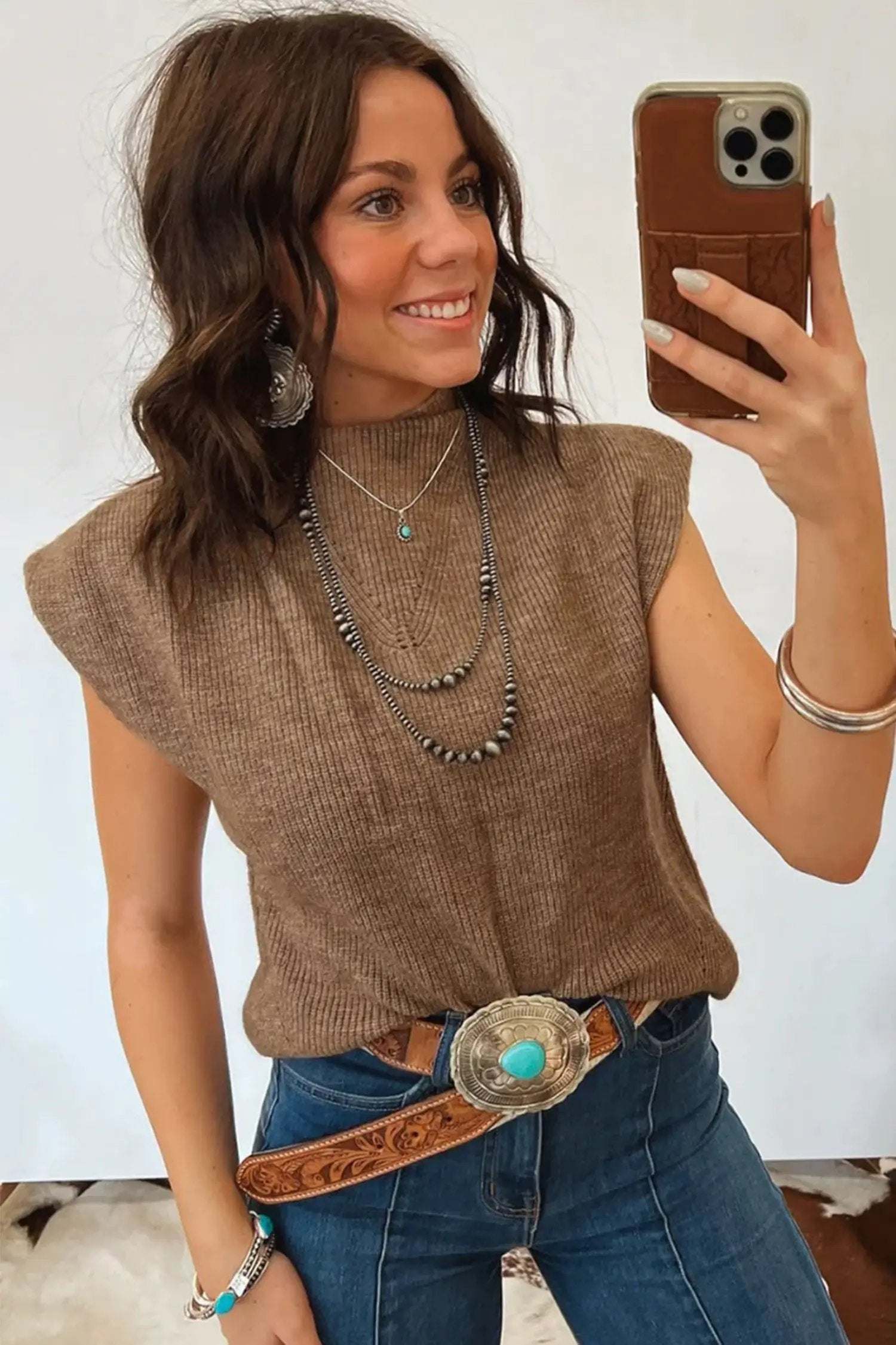 Caramel brown ribbed knit top