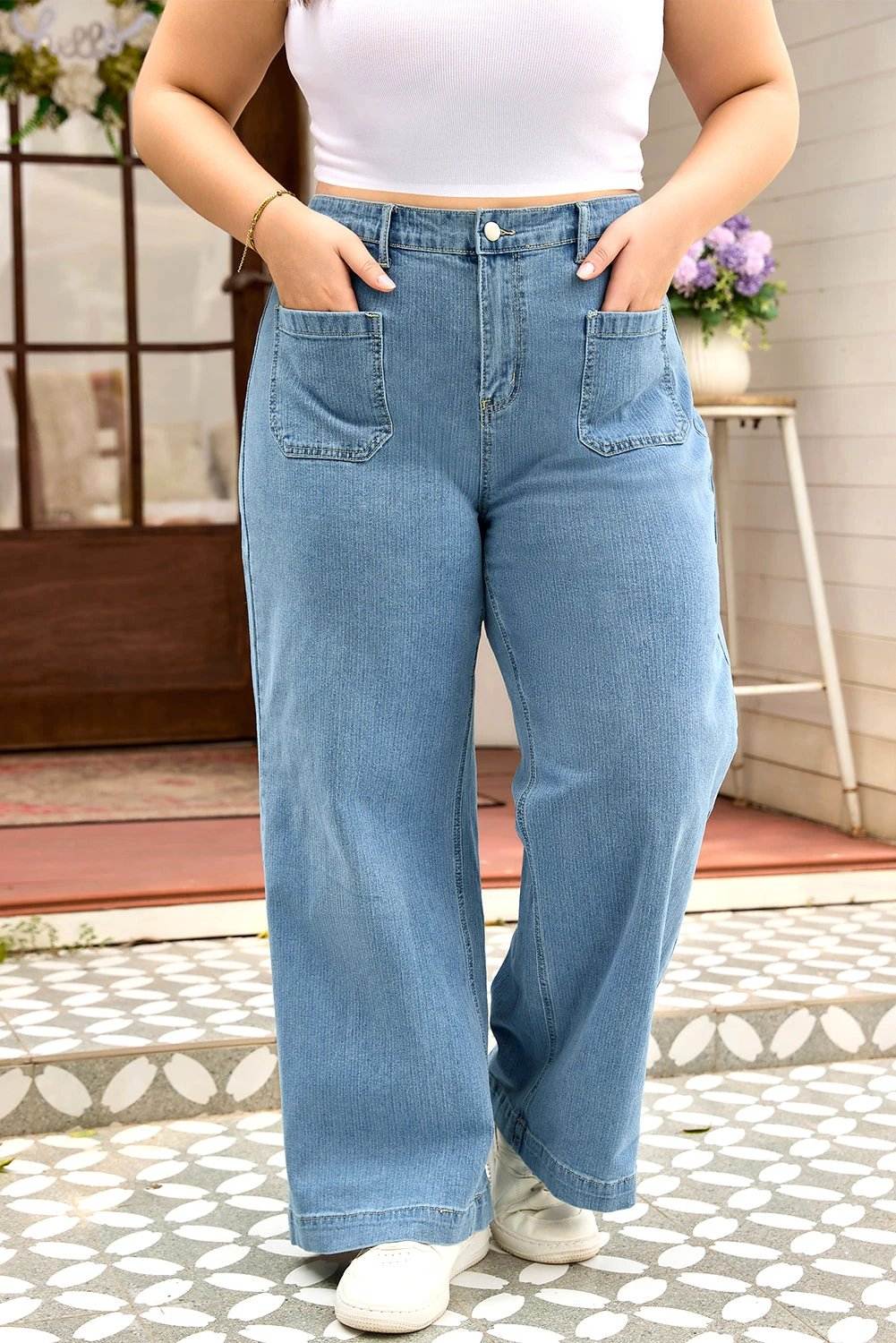 Plus size patch pocket wide leg textured jeans for moms