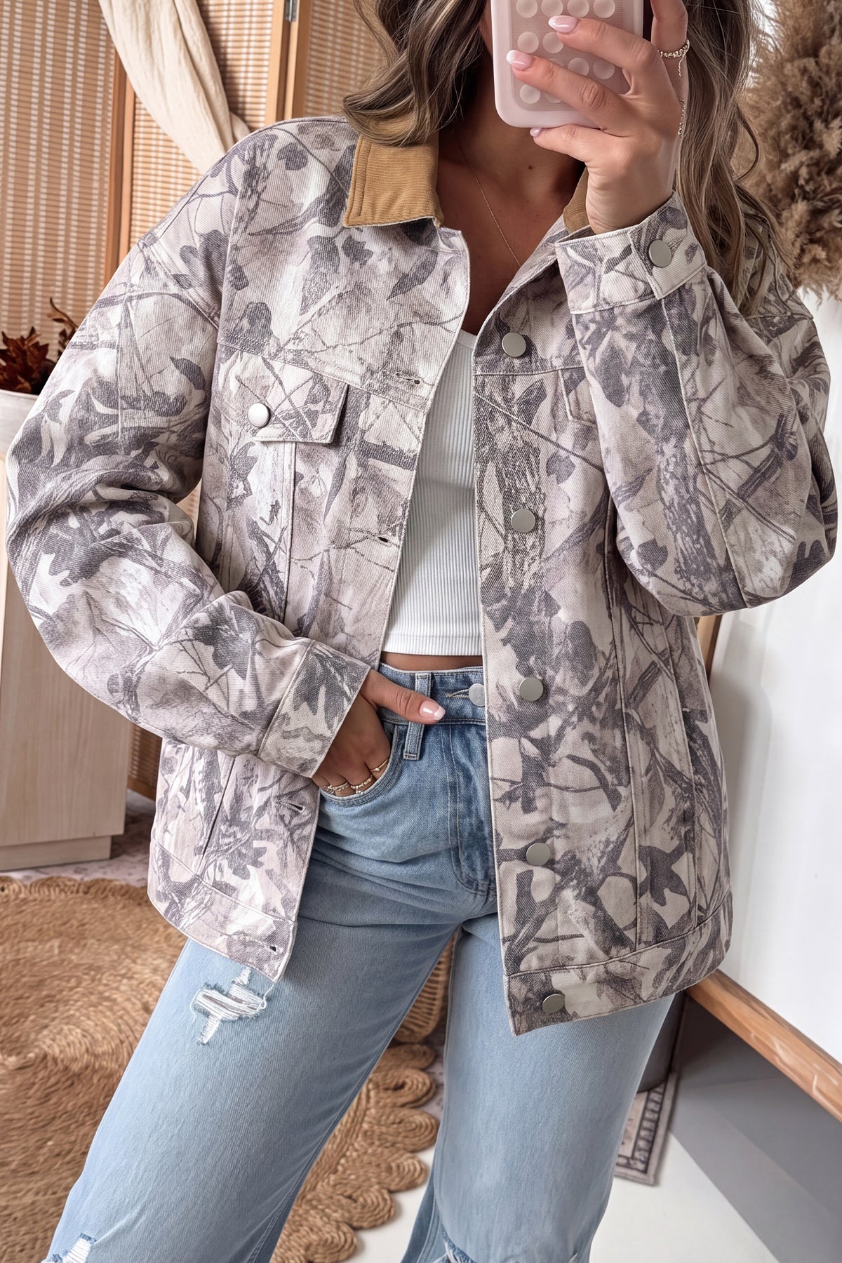 Abstract Camo Print Color Block Collar Oversized Shift Silhouette Denim Jacket