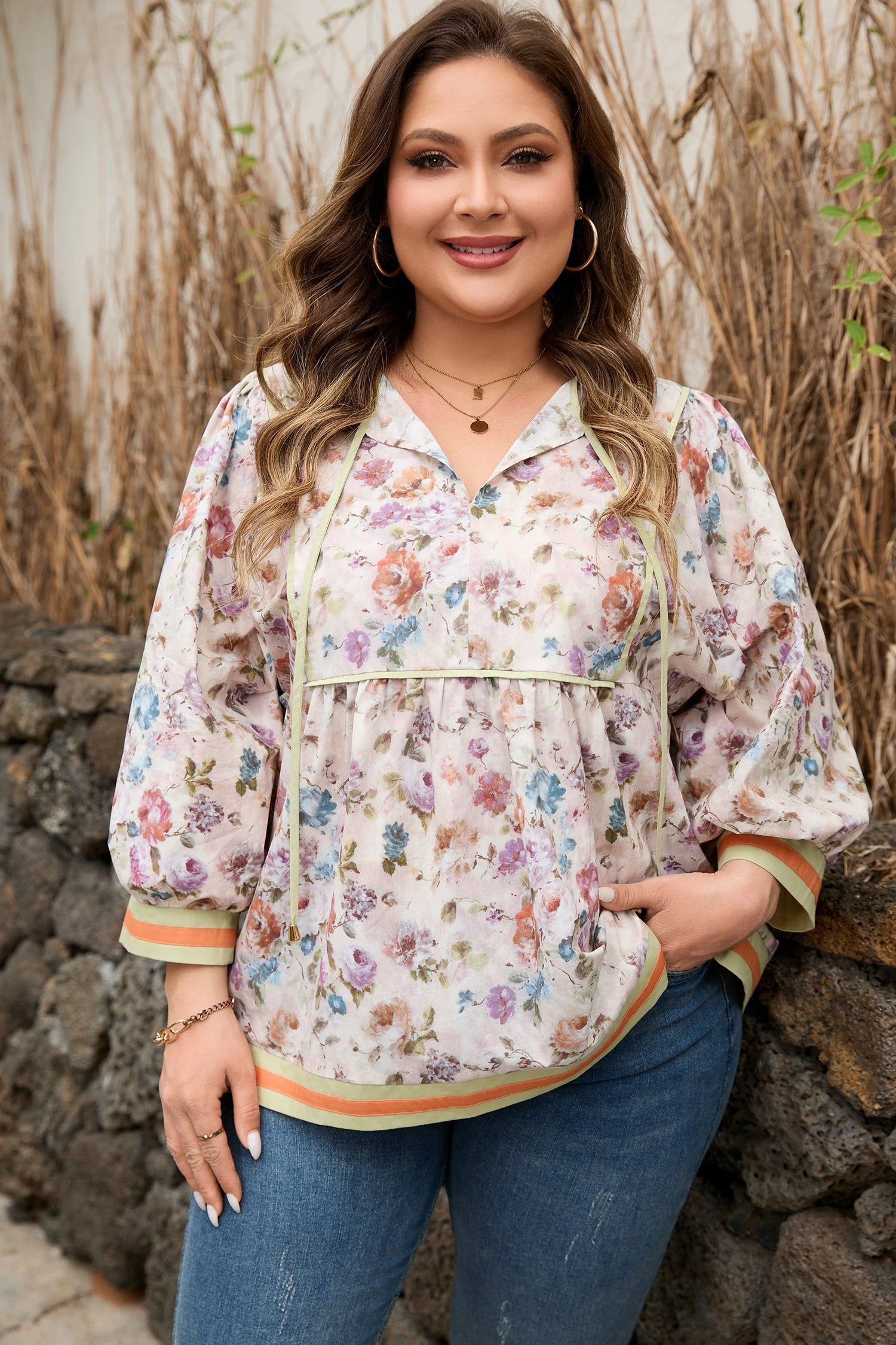 Dear-Lover Dropshipping Black Plus Size Floral Print Contrast Trim Striped Detail Babydoll Blouse - Plus Size/Plus Size Tops/Plus Size Blouses & Shirts