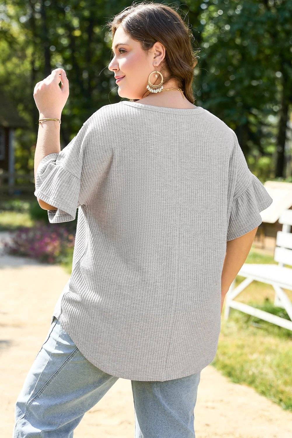 Plus size lace insert waffle knit short sleeve top in soft gray with chevron neckline