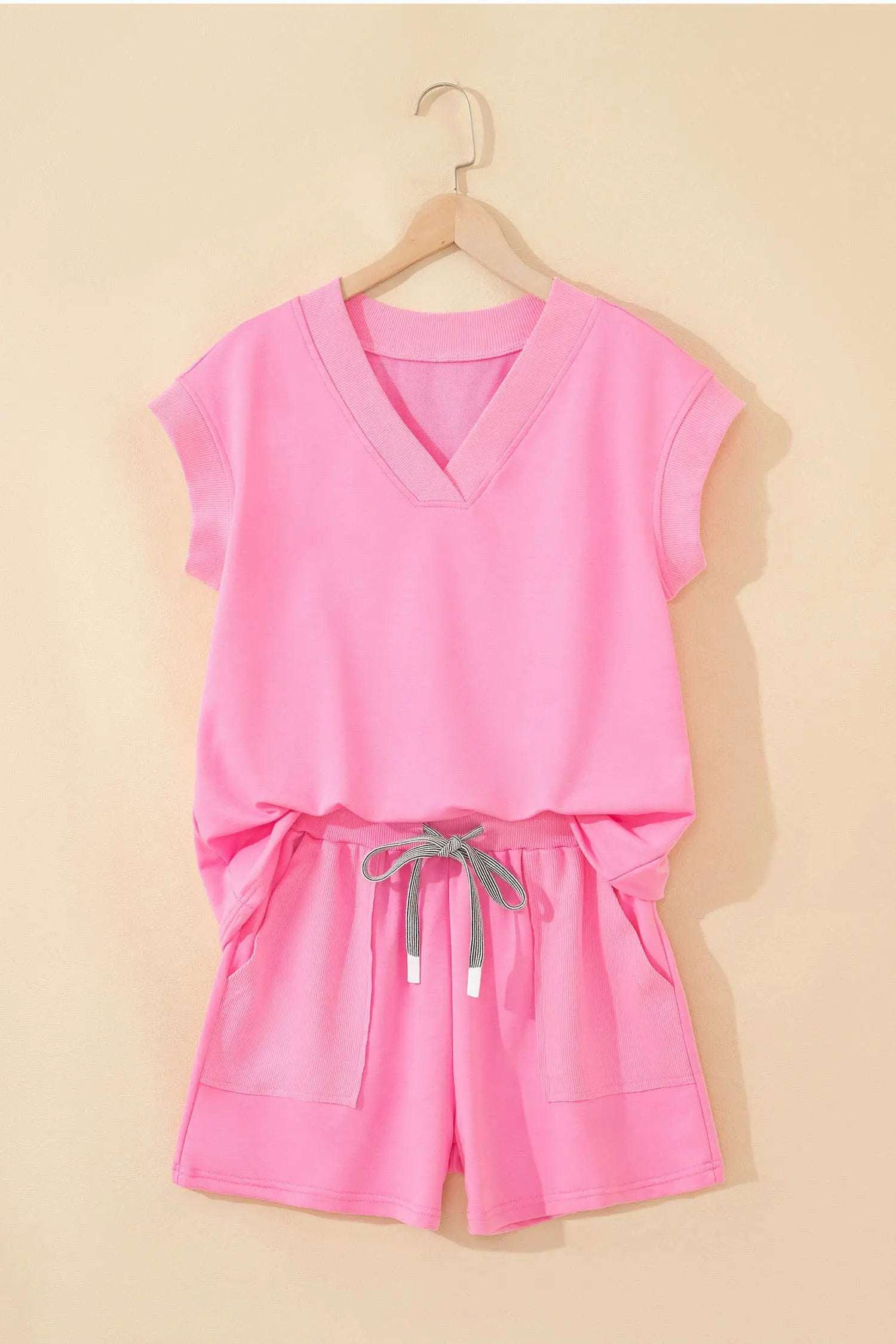 Pink V-neck short sleeve top and drawstring shorts two-piece Mom Chic outfit set