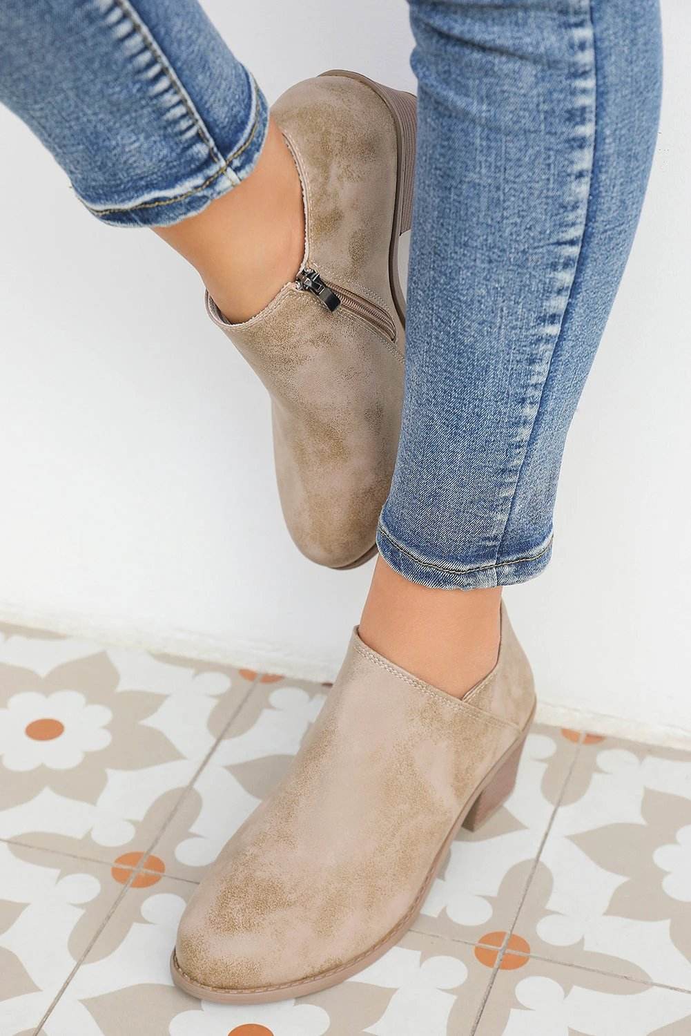 Philippine Gray Tulip Opening Suede Ankle Boots with tulip-cut opening and chunky stacked heel