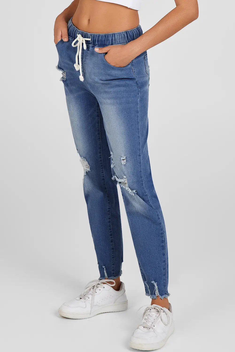 Navy Blue elastic waist straight leg destroyed raw hem jeans for women casual everyday outfit