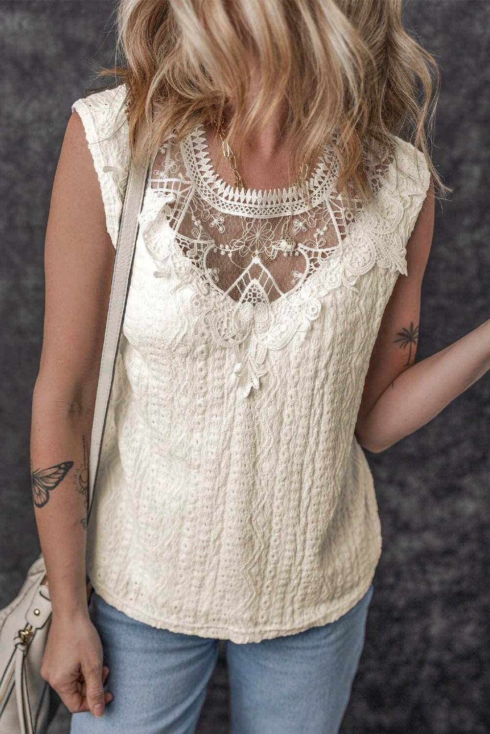 Black lace crochet keyhole back tank top with guipure lace overlay and soft lining