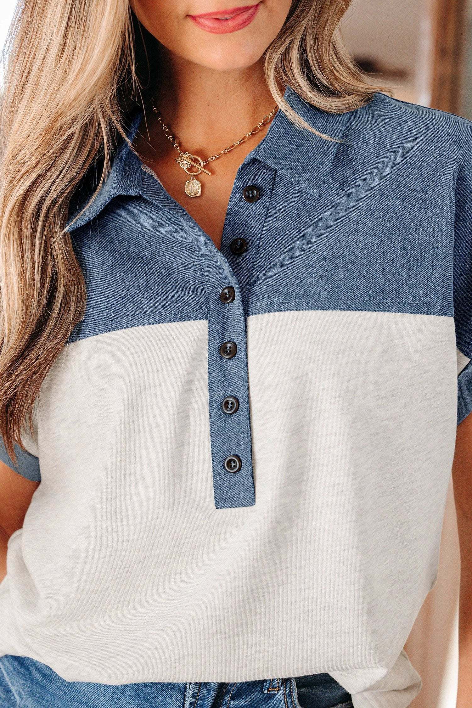 Western Chic color block denim patchwork polo top with button collar and short sleeves