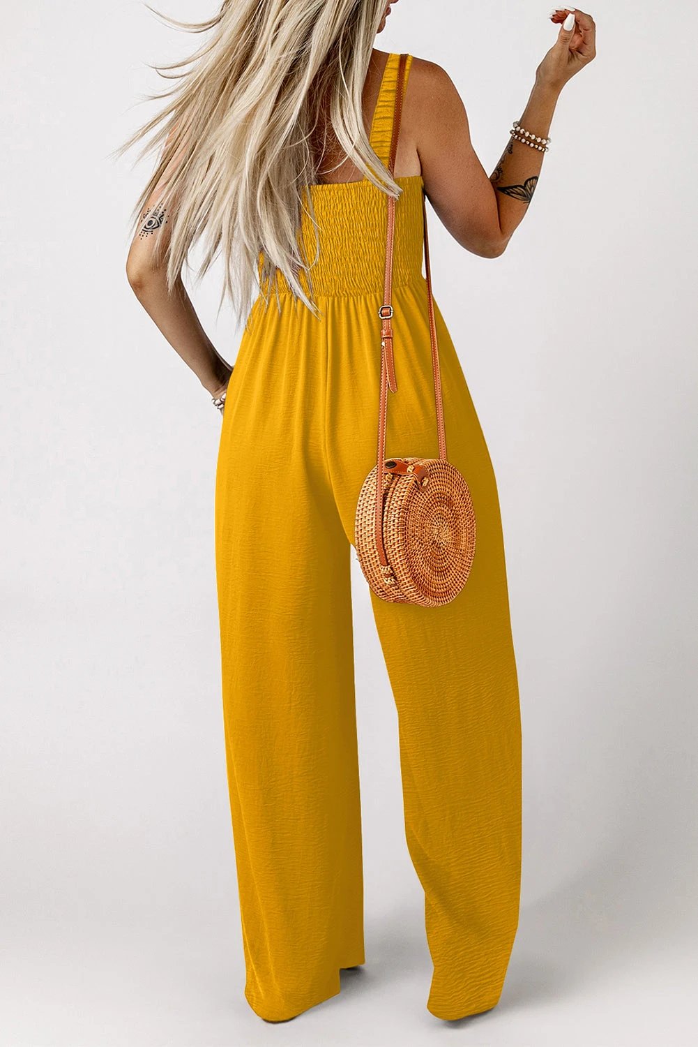 Yellow smocked sleeveless wide leg jumpsuit with pockets for women casual everyday outfit