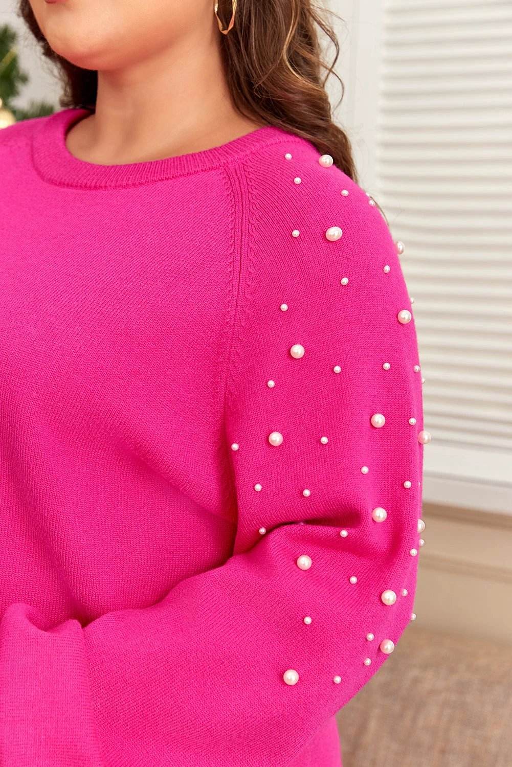 Plus size strawberry pink Cozy Confidence knit sweater with pearled raglan sleeves