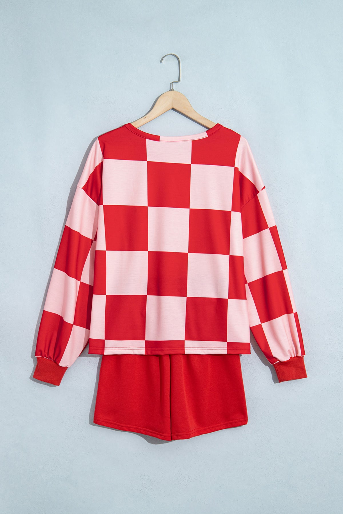 Checkerboard Plaid Long Sleeve Solid Color Shorts Two-Piece Set