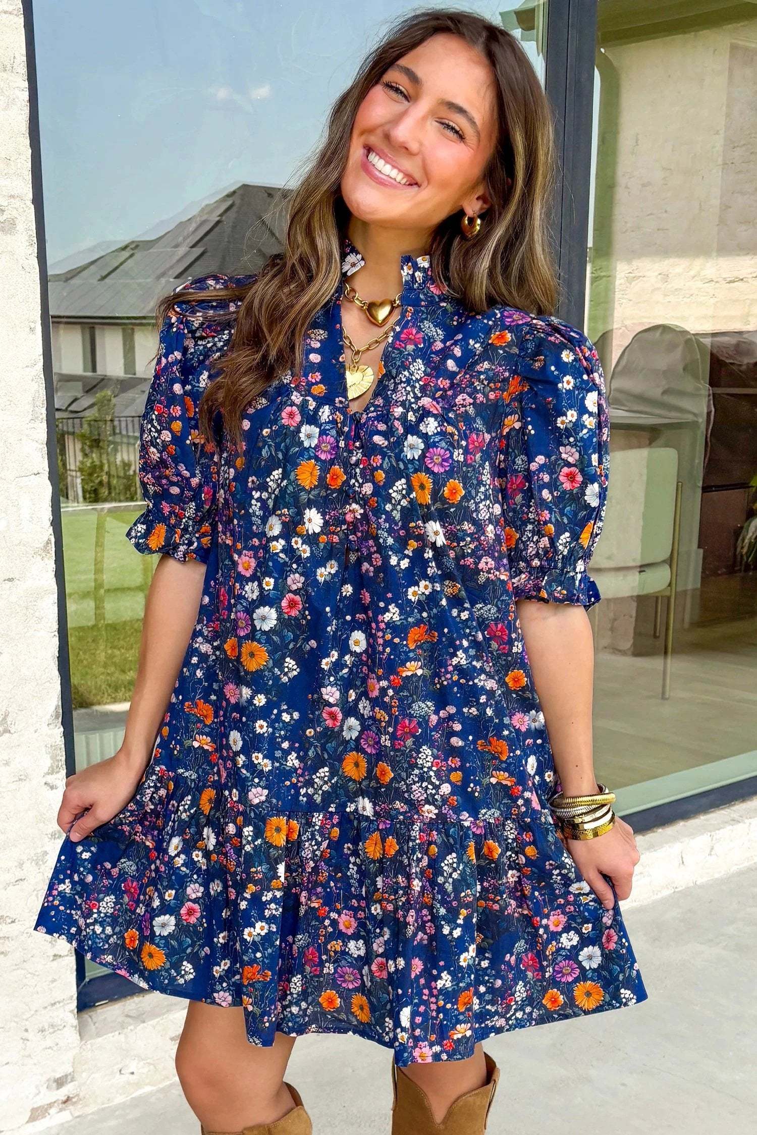 Navy mini dress with wild daisy floral print and puff sleeves