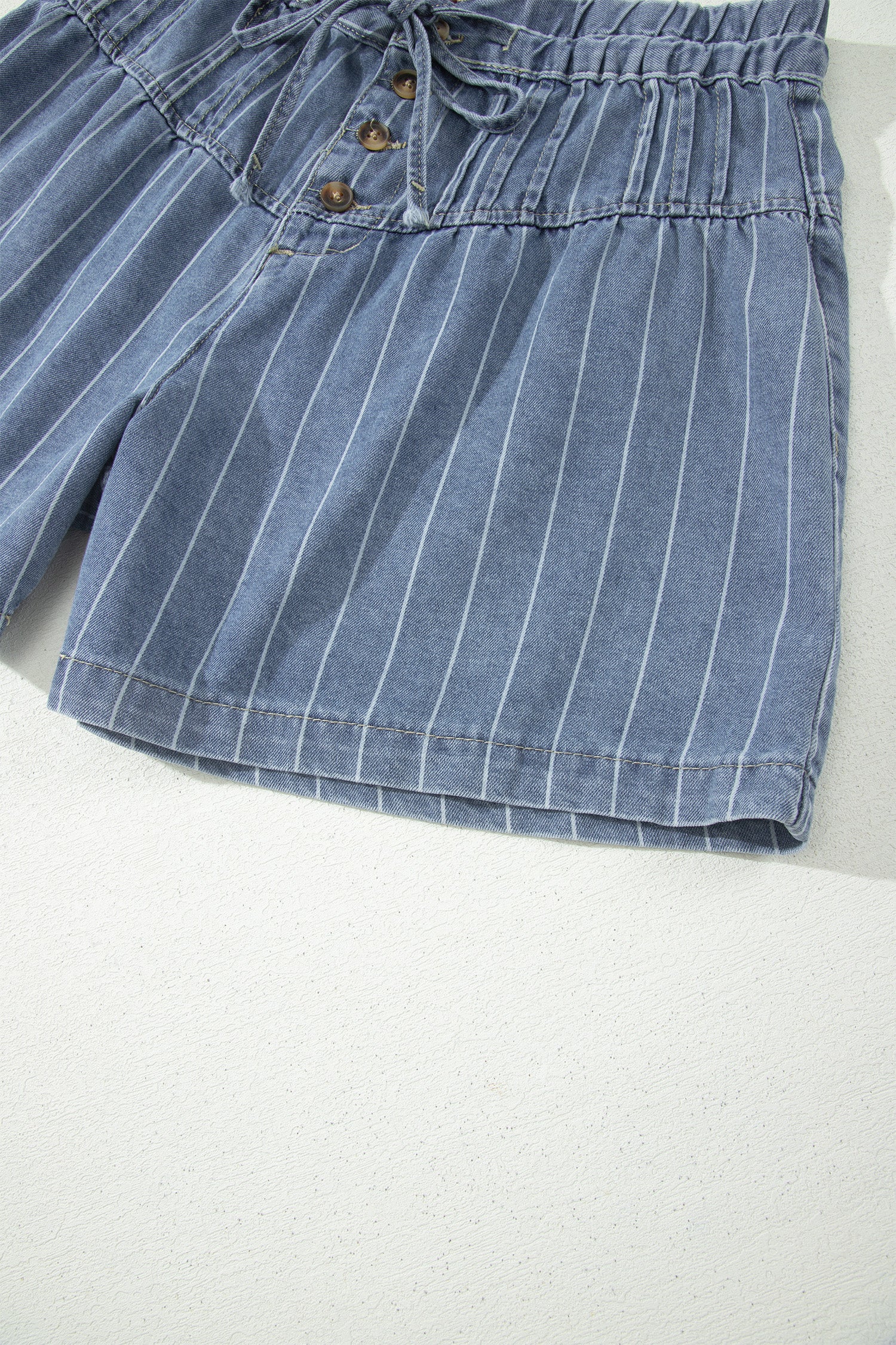 Stripe Drawstring Button Pleated High-Waisted Denim Shorts — women's everyday bottoms | J&H Apparel