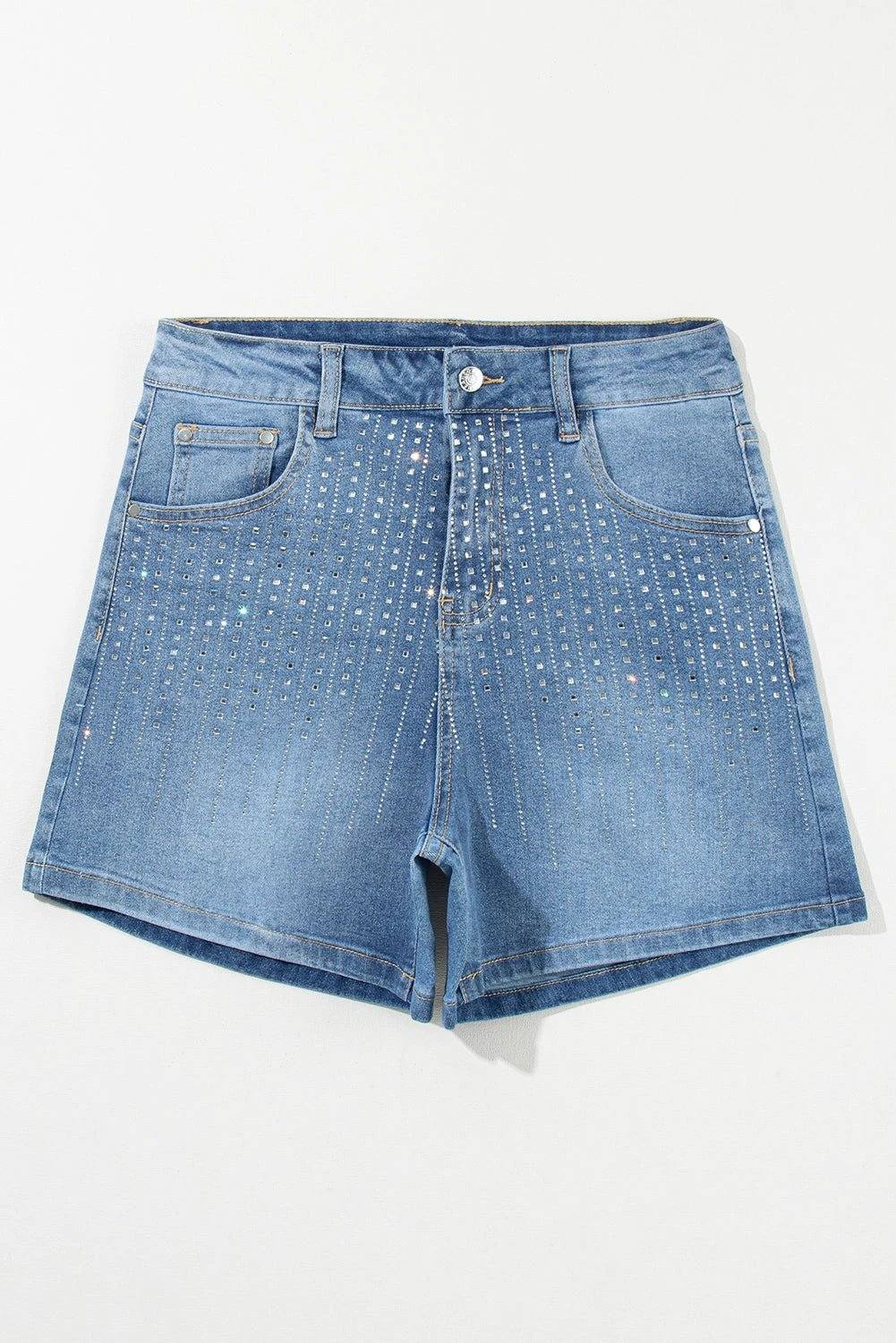 High-rise Summer Spark rhinestone embellished denim shorts with rolled Western cuffs