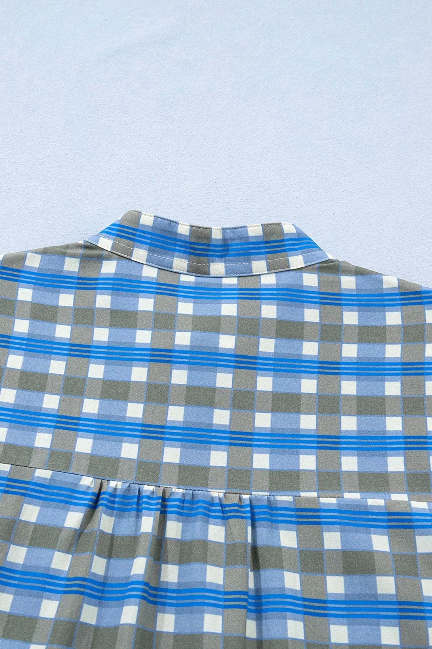 sky blue plaid long sleeve frilled detail half button blouse for women casual everyday outfit