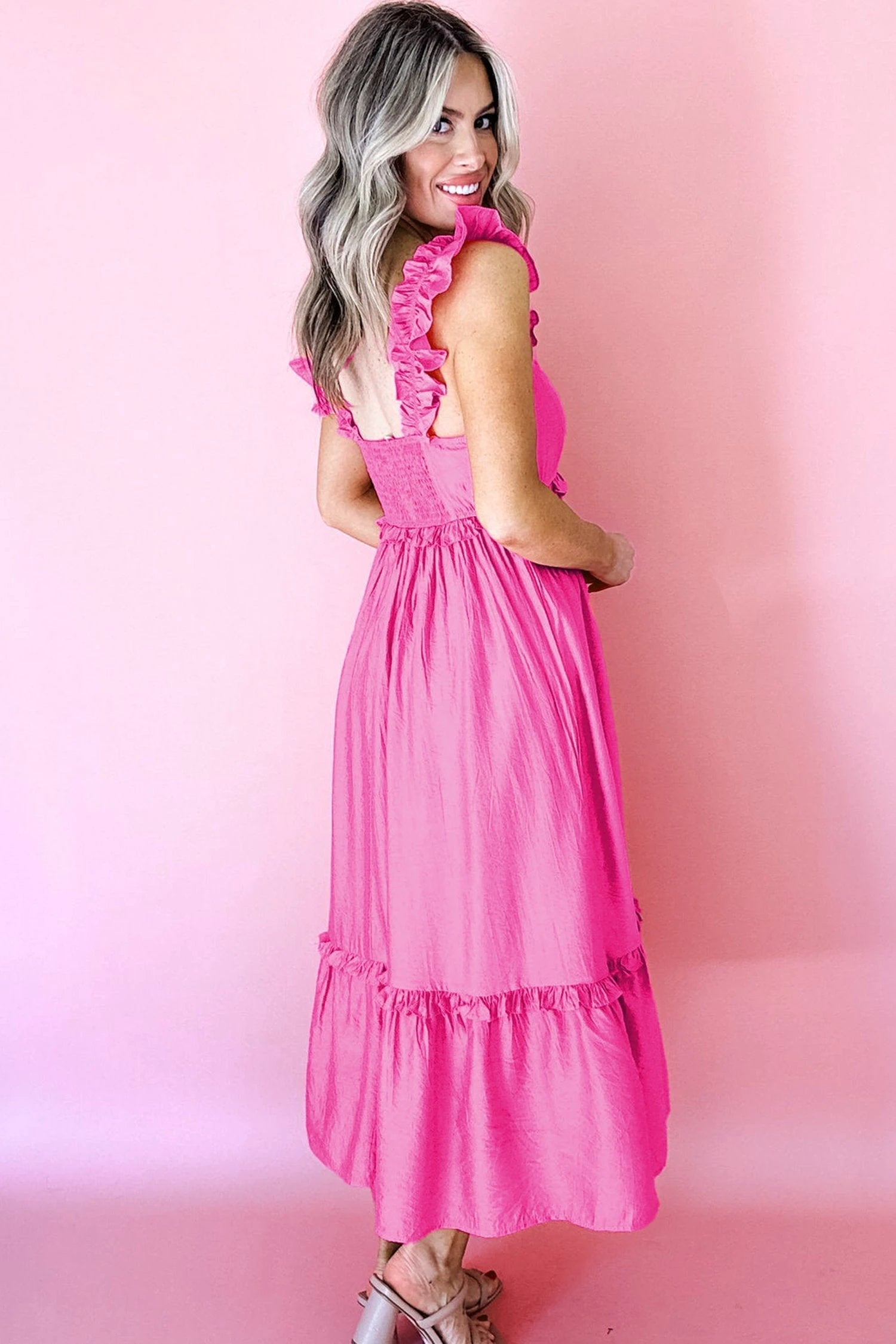 Pink ruffle trim high-waist sleeveless maxi dress from Southern Charm in Bonbon solid color