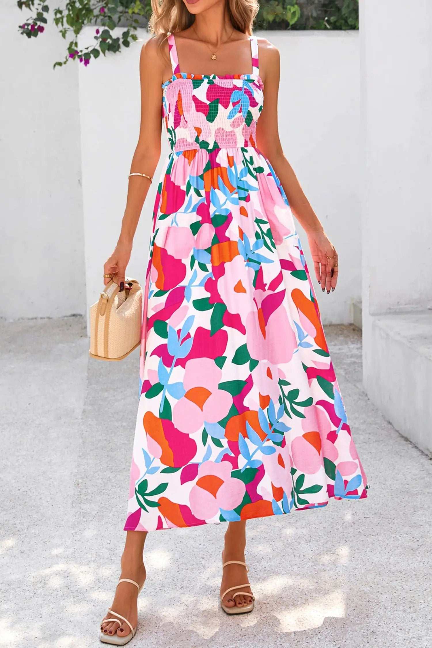 Floral High-Waist Sundress with adjustable straps and smocked bodice