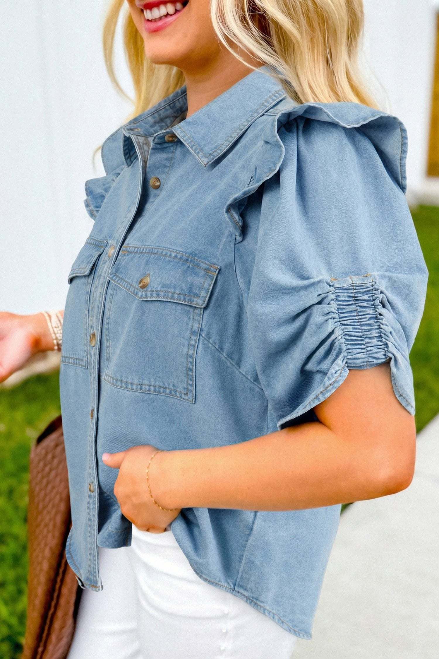 denim ruffle detail short puff sleeve button down flap pocket denim shirt for women casual everyday outfit