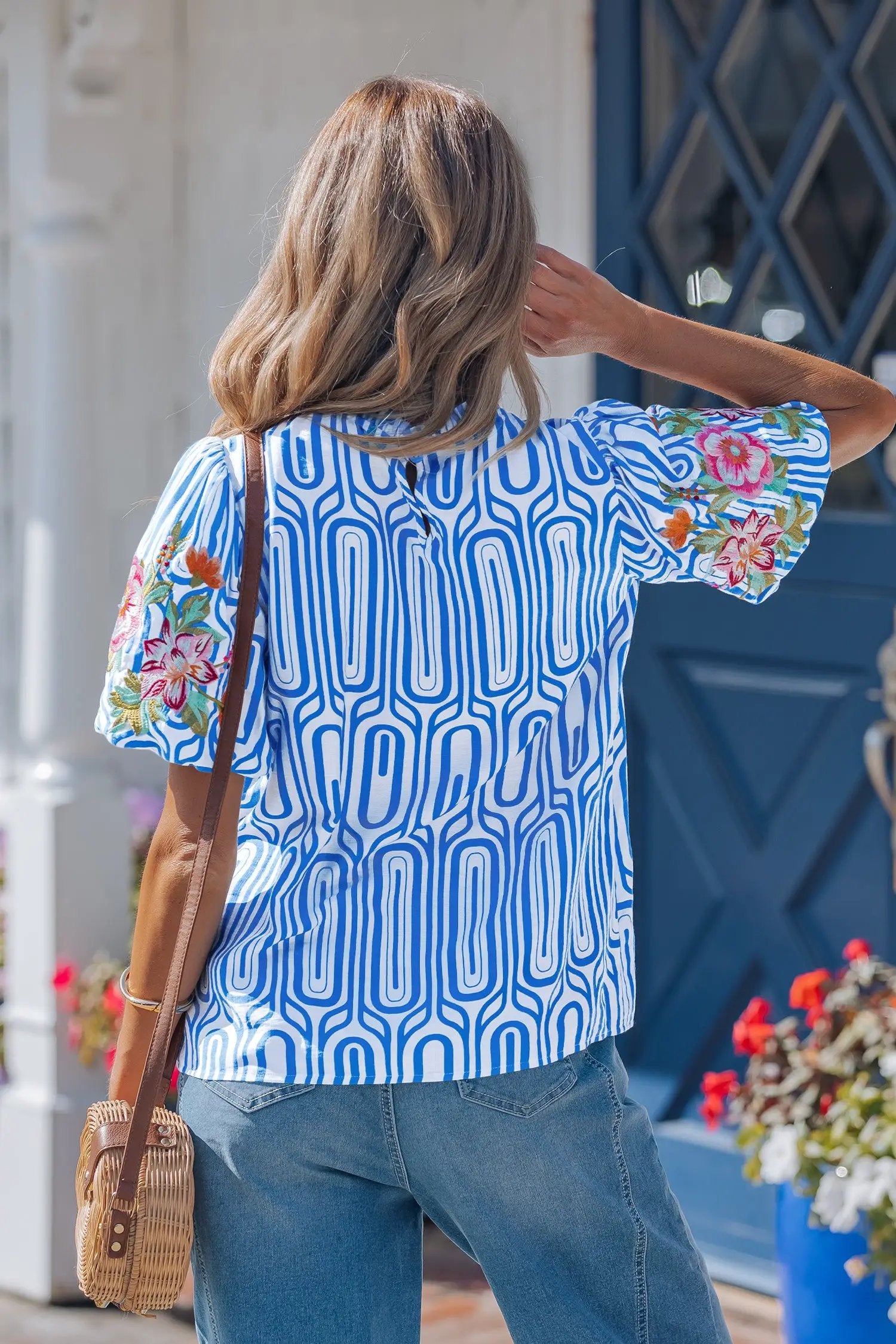 sky blue unique geometry print floral embroidered puff sleeve blouse for women casual everyday outfit
