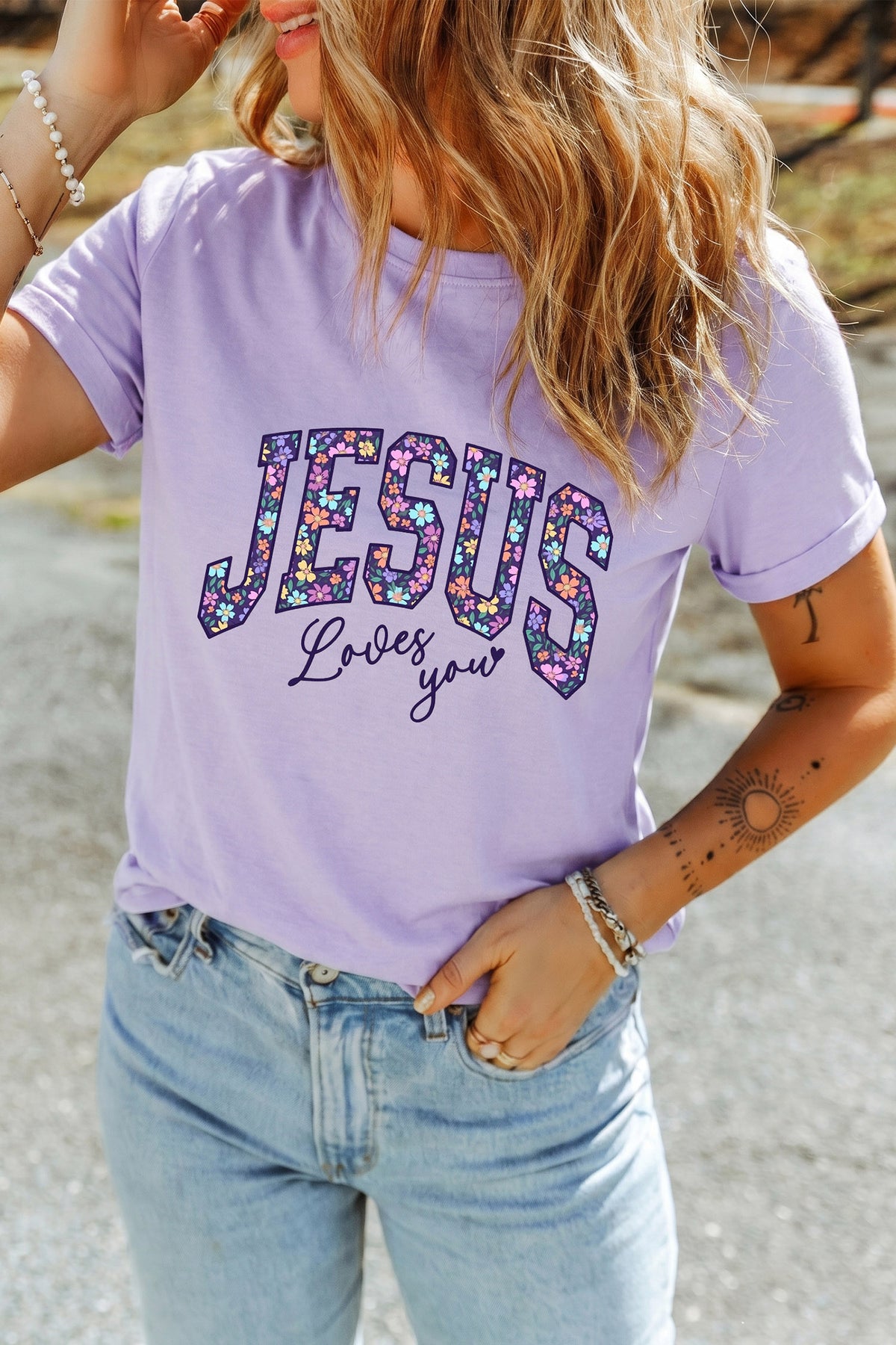 Christian Floral Letter Graphic Round Neck T-Shirt