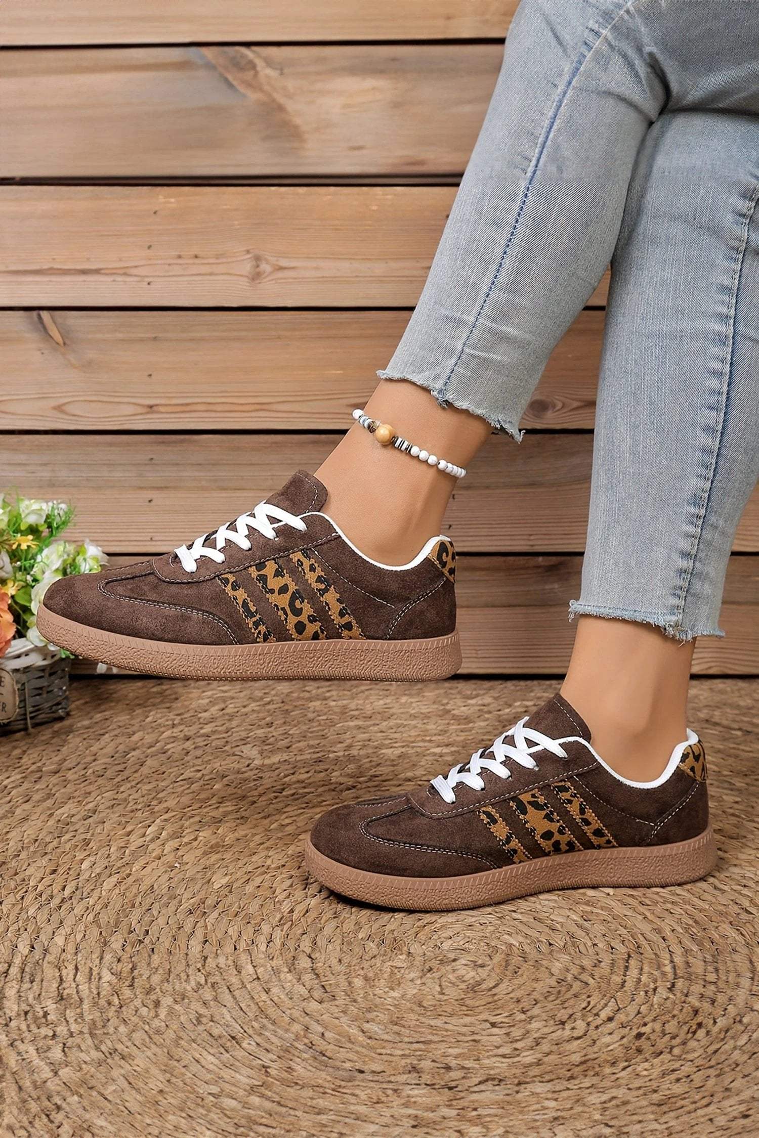 coffee contrast lace-up leopard patchwork detail faux suede shoes for women casual everyday outfit