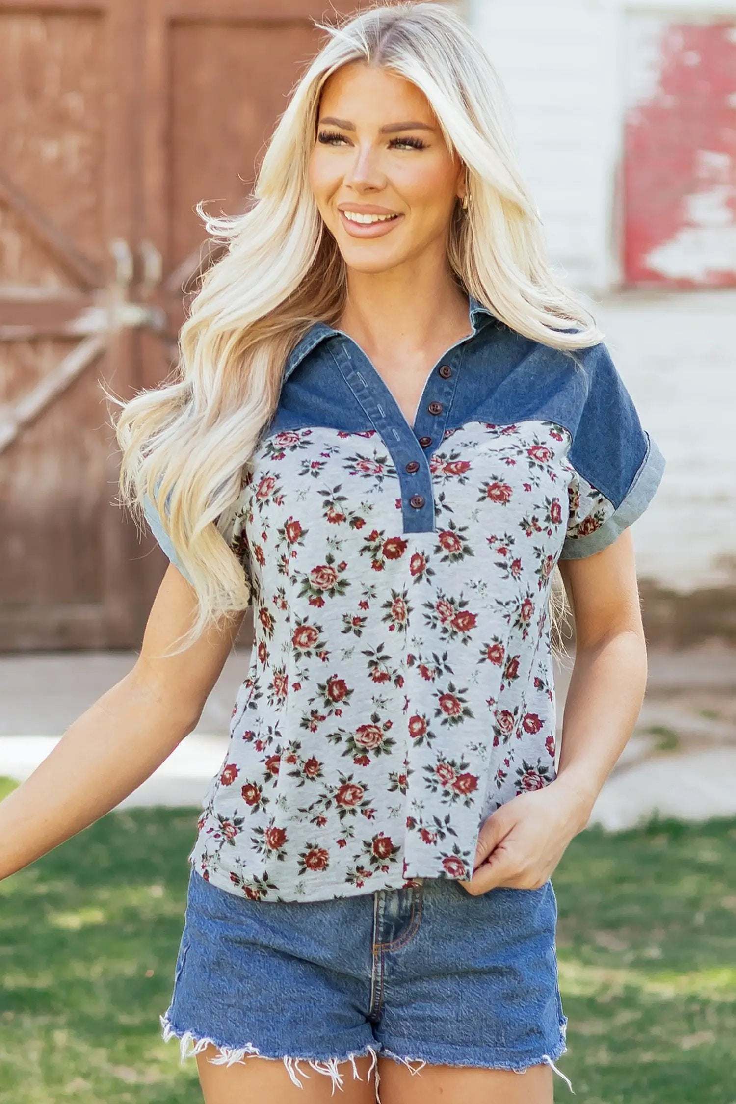 J&H Apparel Gray Retro Floral Print Denim Patchwork Buttoned Polo Collar Top - Shirts Tops/Blouses & Shirts