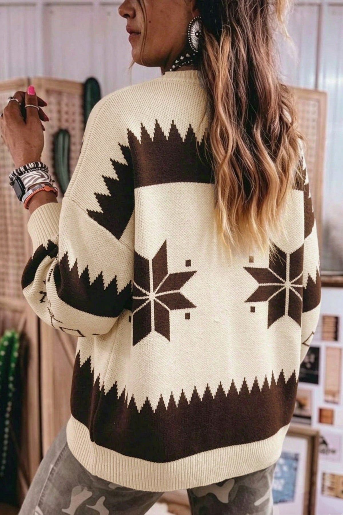 Western Geometric Print Zip Front Loose Sweater Cardigan