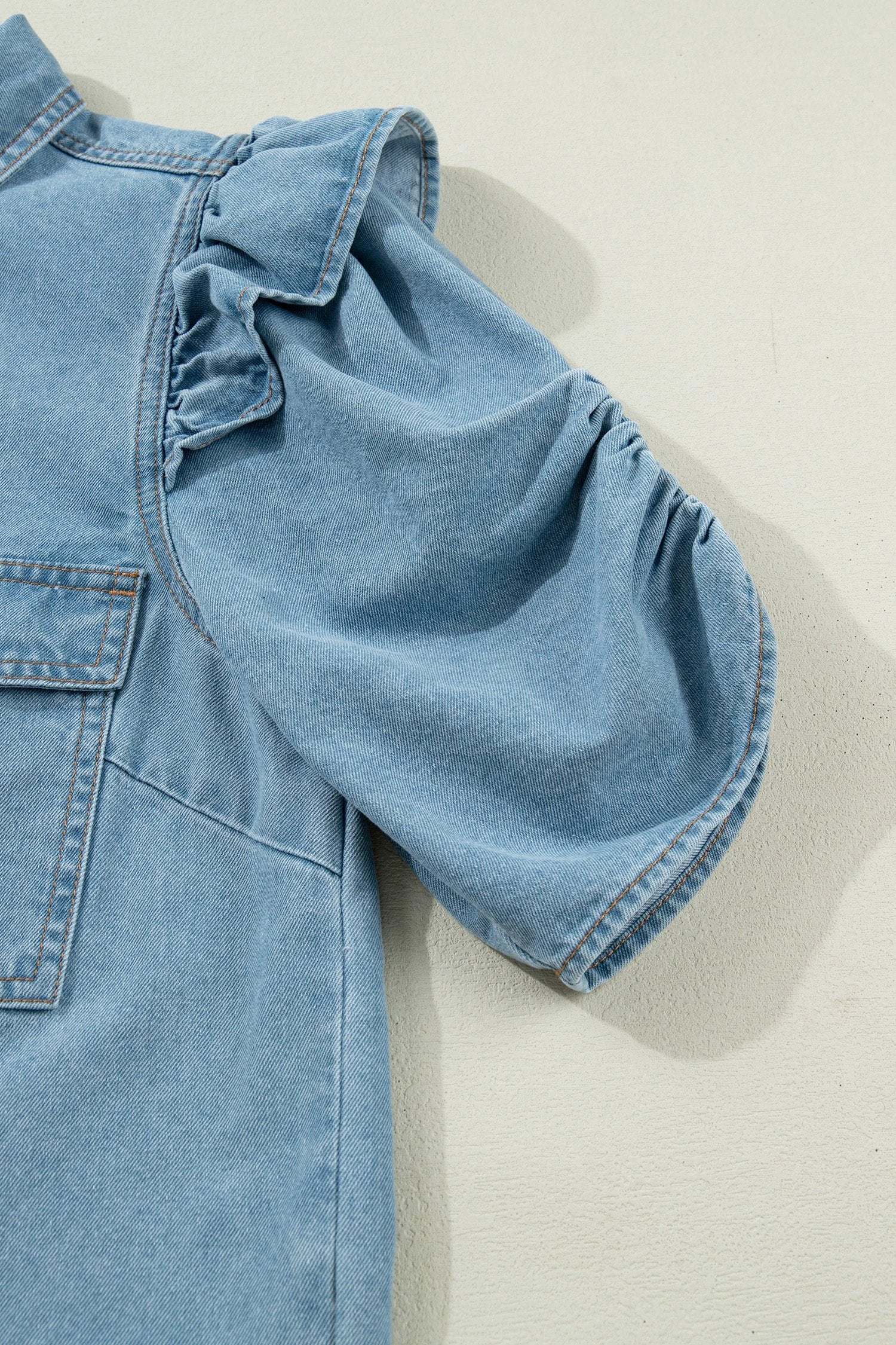 denim ruffle detail short puff sleeve button down flap pocket denim shirt for women casual everyday outfit