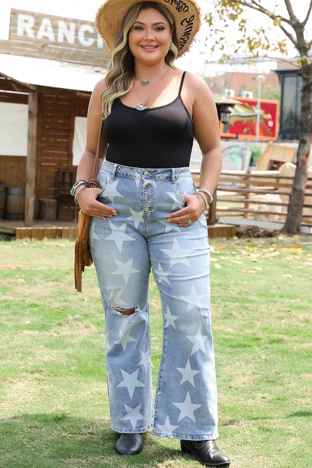 sky blue star printed multi buttons slit knee destroyed plus size jeans for women casual everyday outfit