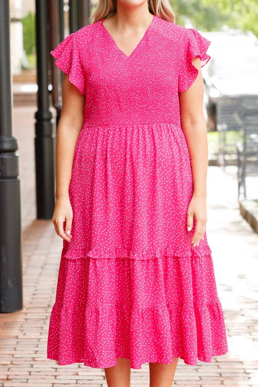 rose polka dot print ruffled smocked high waist plus midi dress for women casual everyday outfit