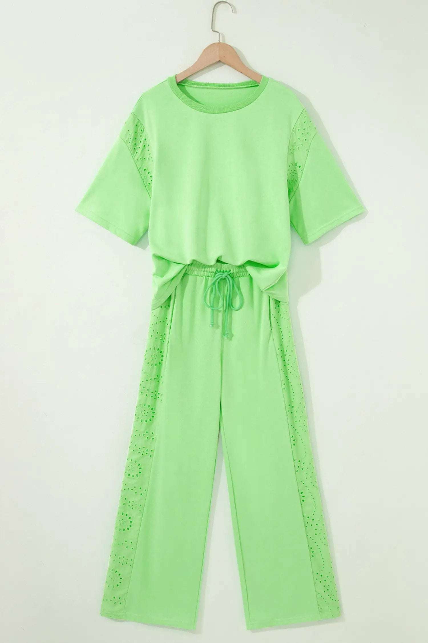 Two-Piece Lace Outfit Set with patchwork top and elastic-waist pants