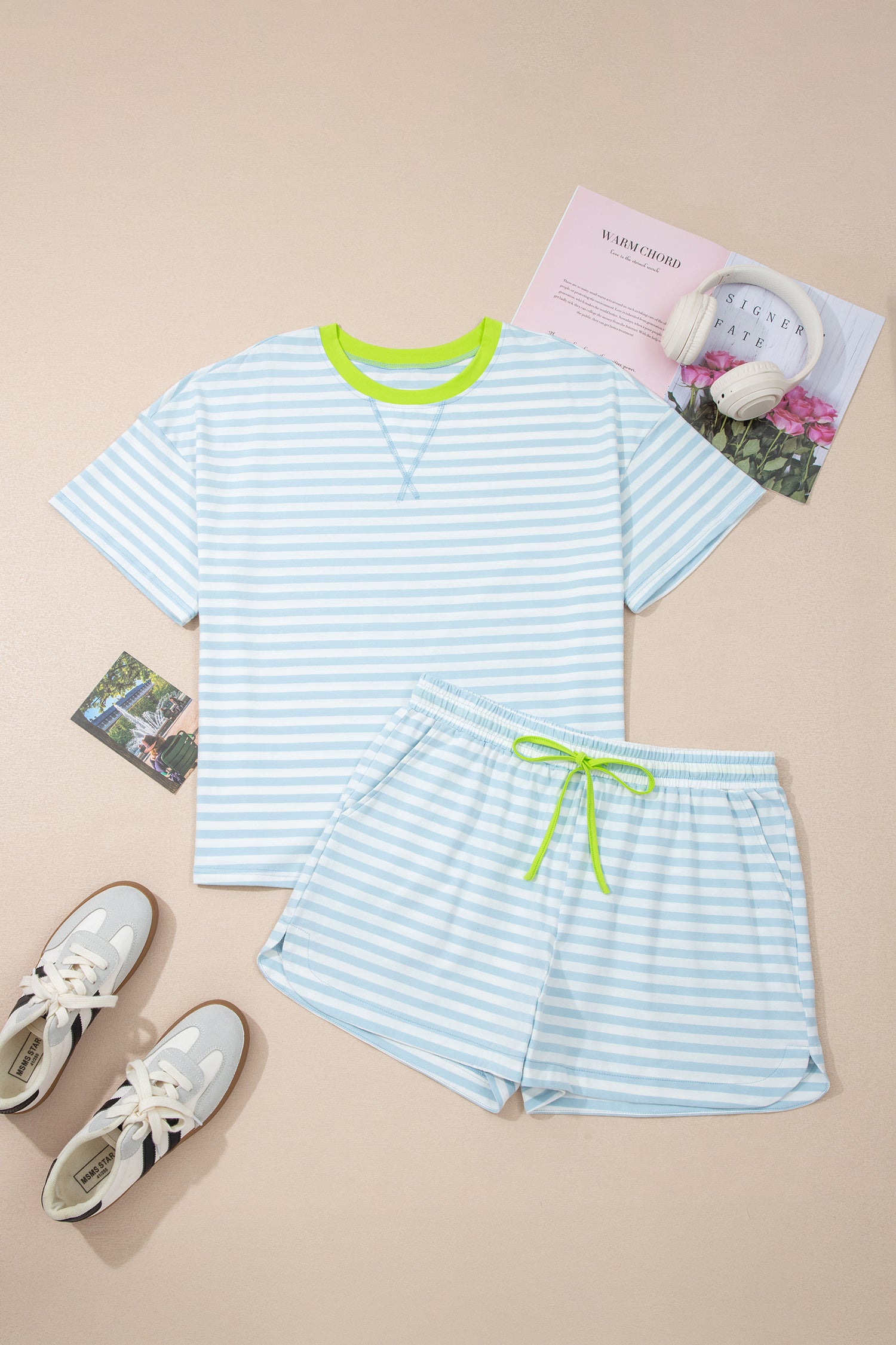 Sunlit Mom Vibes | Striped Tee And Drawstring Shorts Outfit Set
