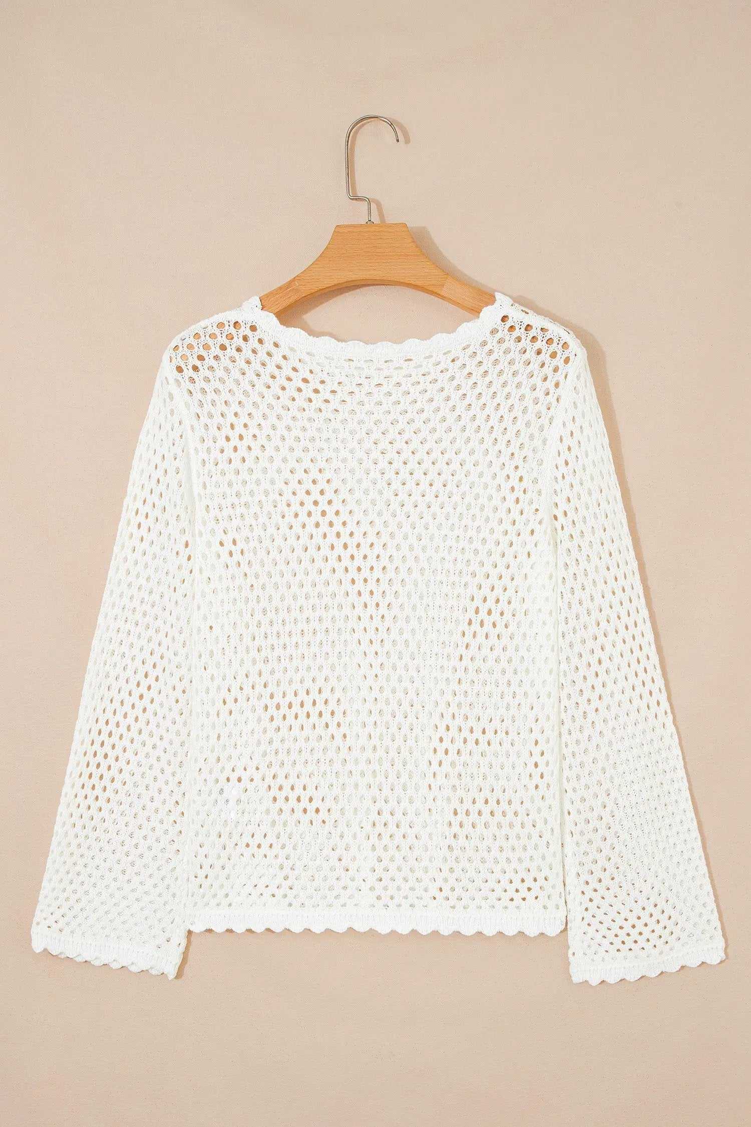 Hollow Out Knit Top with scalloped trim and long sleeves