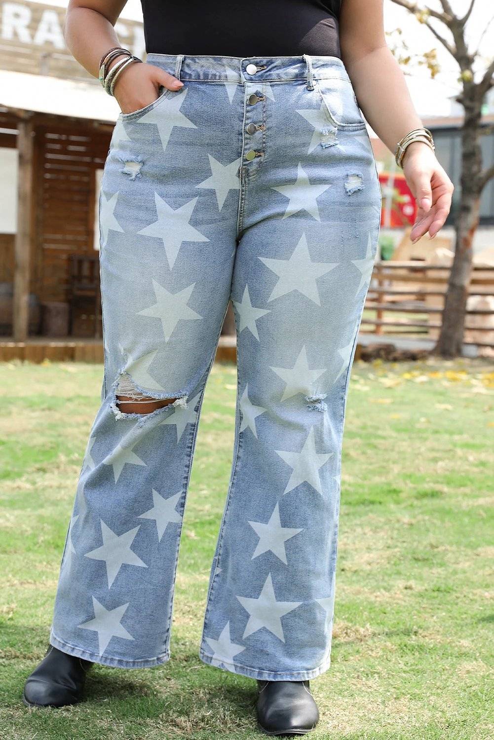 sky blue star printed multi buttons slit knee destroyed plus size jeans for women casual everyday outfit