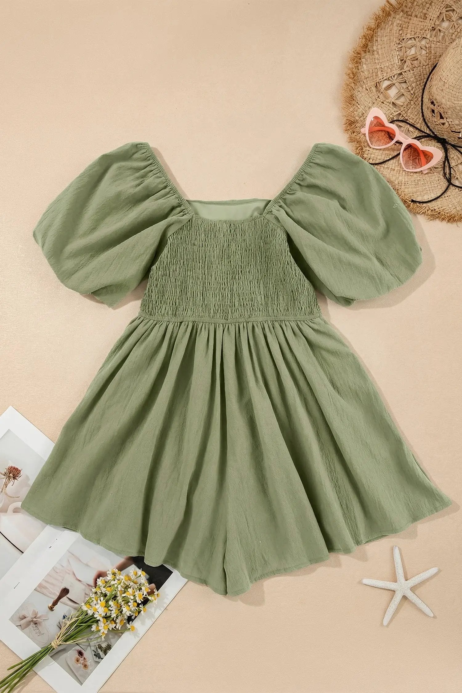 valerian square neck ruched puff sleeve romper for women casual everyday outfit