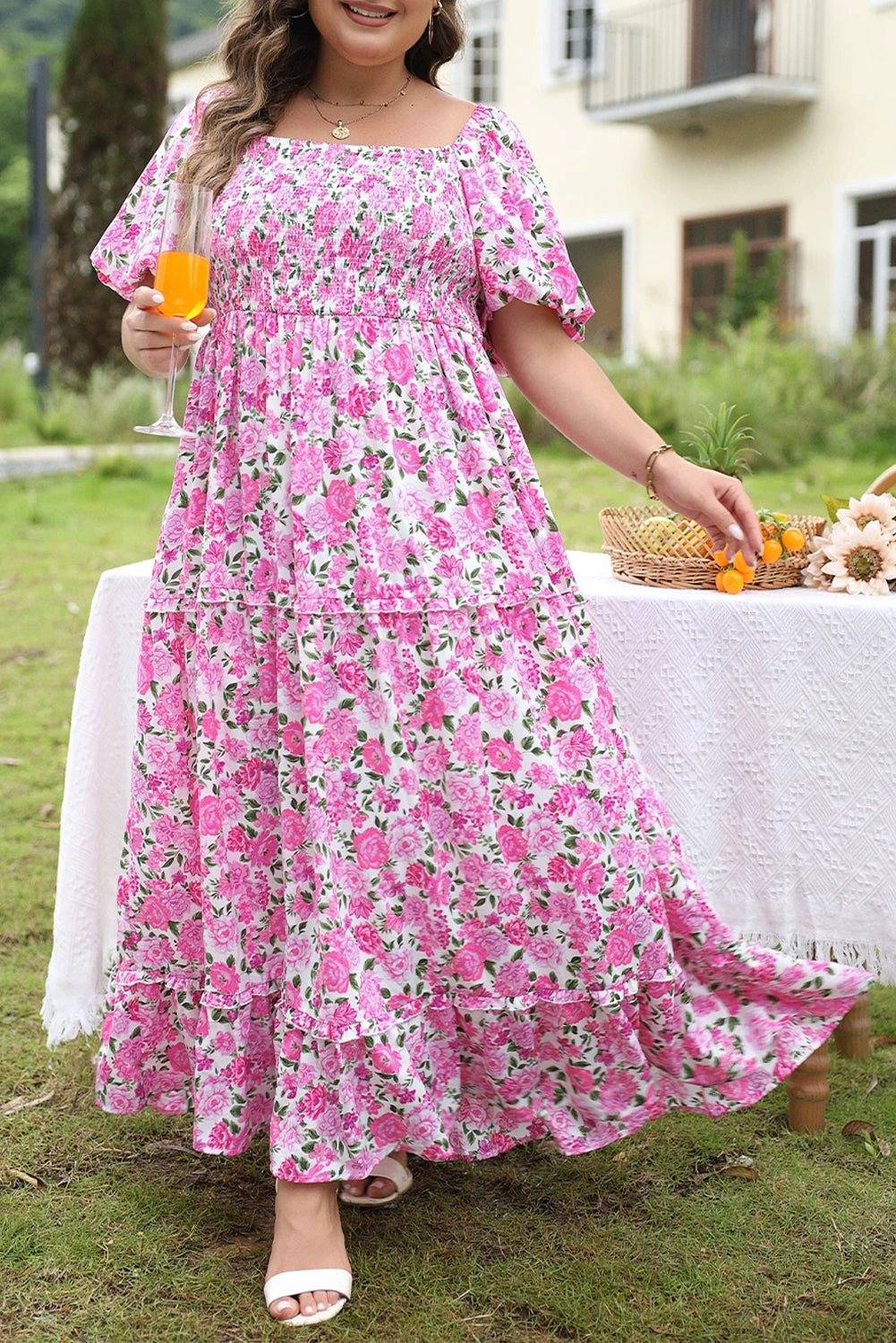 pink plus size floral print smocked puff sleeve dress for women casual everyday outfit