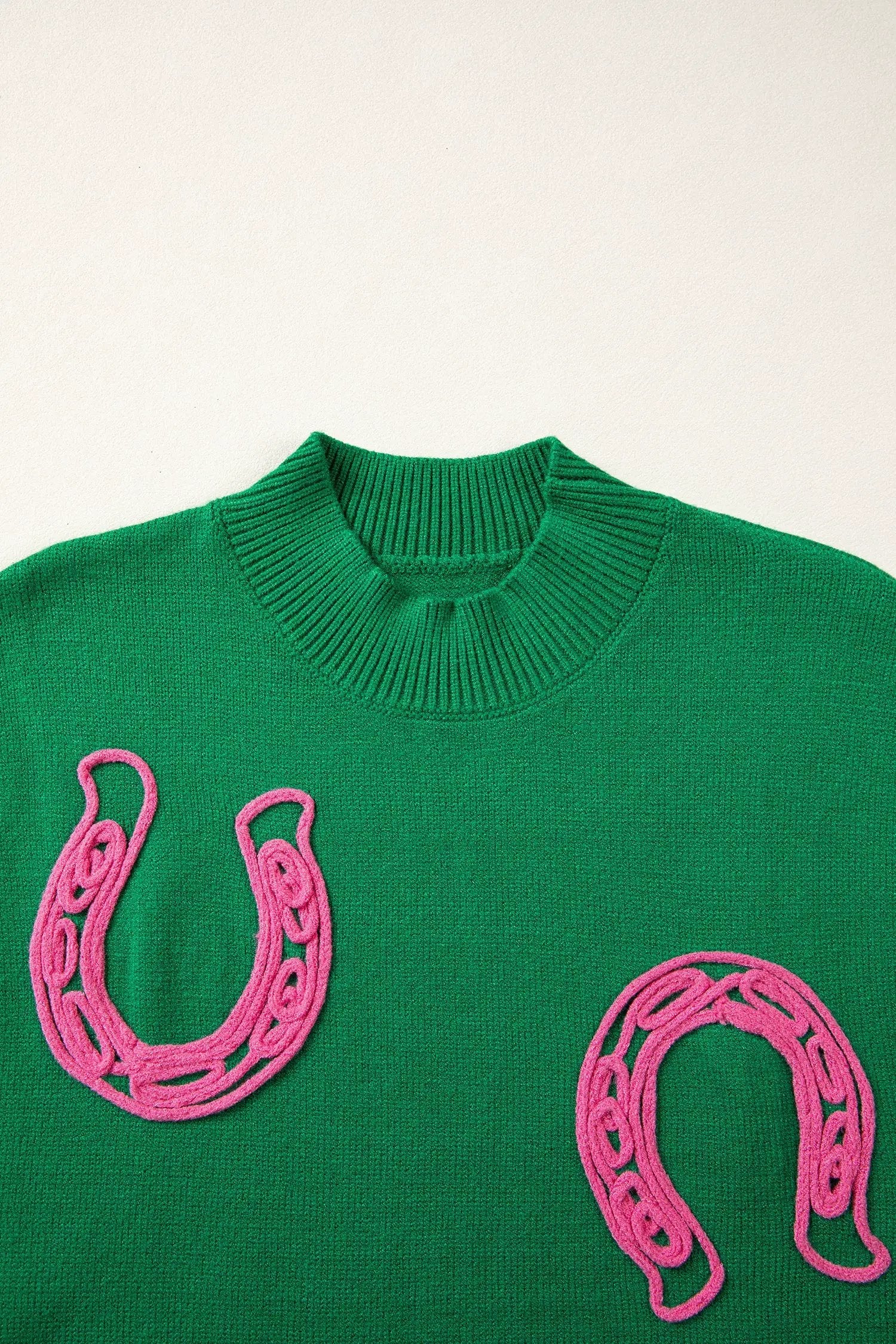 Bright green Western horseshoes ribbed mock neck short sleeve knit sweater with pink embroidery